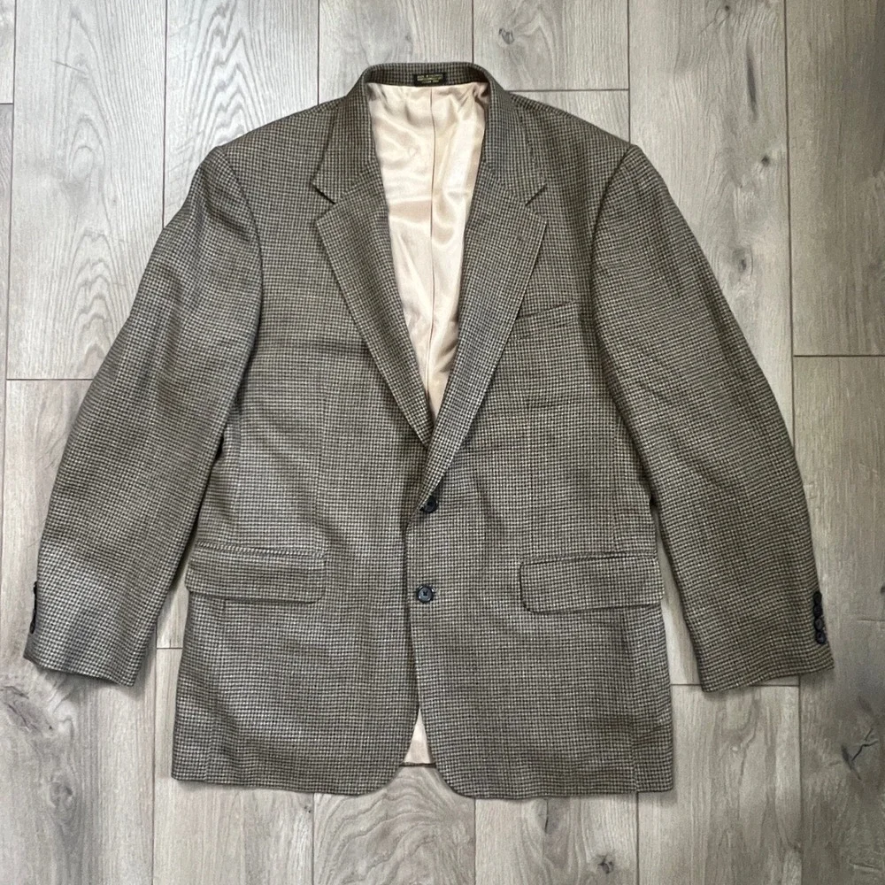 Oscar De La Renta Sport Coat Mens 44L Brown Check Wool Tweed 2‎ Button Blazer